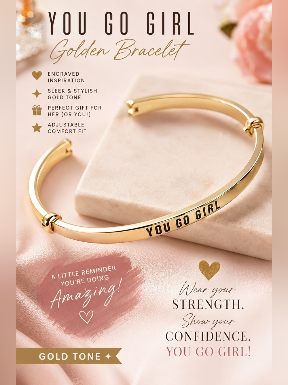You Go Girl Gold Tone Engraved Bangle Bracelet